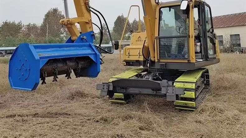 PANDA FORCE Mini Excavator Flail Mower mounted on compact excavator, working in field